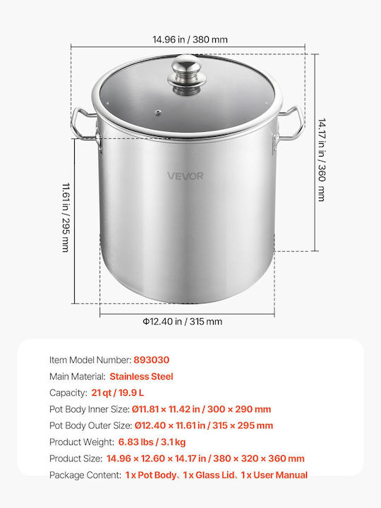Vevor Oală Marmită cu Abur din Oțel Inoxidabil 19.9l /