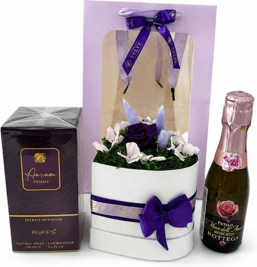 Set Elegant Riiffs Aurum Femme Parfum Aranjament Trandafiri Criogenați Mov În Cutie În Formă de Inimă Bottega Prosecco 200 Ml