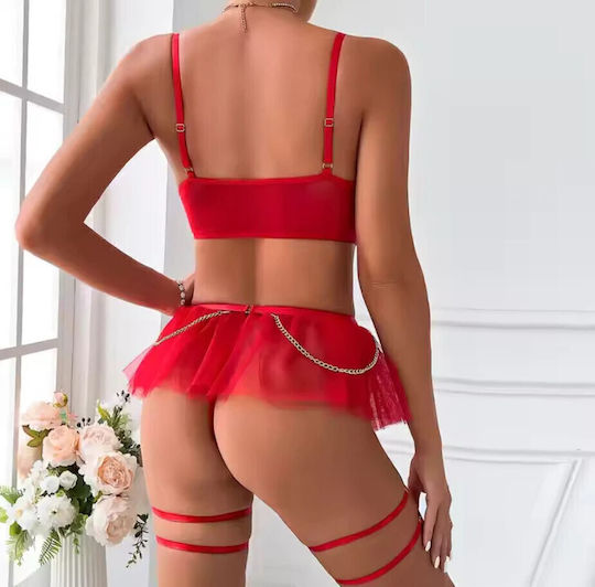 Roza Rz121 Women Sexy Lingerie Set 5 Pieces Transparent Lace & Red Garters