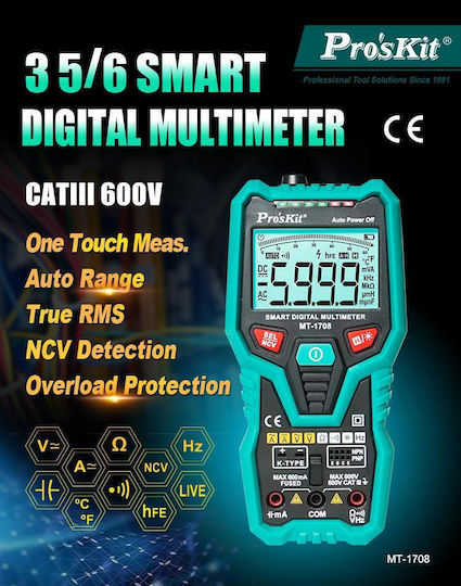 Proskit Ψηφιακό Πολύμετρο True RMS με Μέτρηση AC / DC / Αντίστασης / Χωρητικότητας / Θερμοκρασίας MT-1708