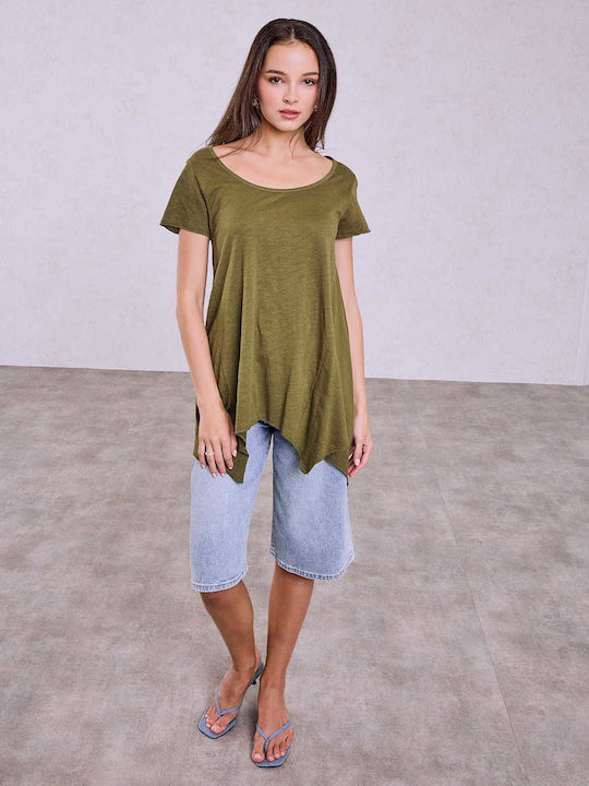 Celestino Γυναικεία Μπλούζα Ασύμμετρο Τελείωμα Loose Fit Λαδί