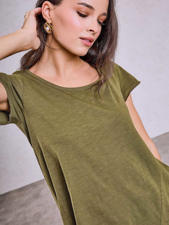 Celestino Γυναικεία Μπλούζα Ασύμμετρο Τελείωμα Loose Fit Λαδί