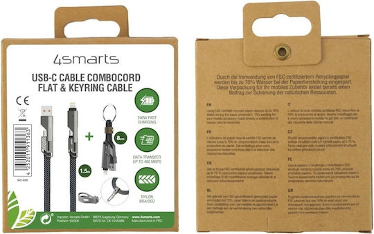 4smarts Combo 2cords Flach 3-in-1 Mehrere Anschlusskabel Set 240w Usb-a Usb-c Blitzschlag 1,5m + Schlüsselanhänger Kabel Graphit 541456