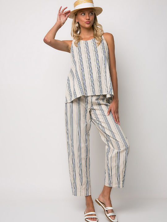 Women's Cotton Sleeveless Striped Blue Blouse