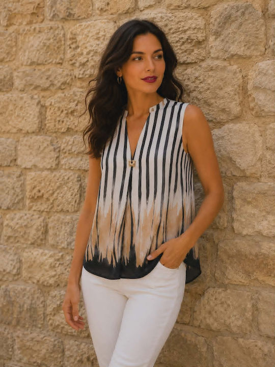 Women's Cotton Sleeveless Striped Blouse In Beige Ecru And Black Shades