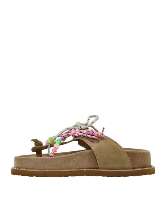 Leather Women's Flat Sandals Beige E610-Beige
