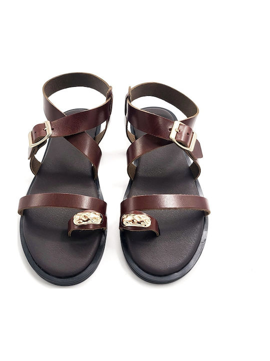 Leather Women's Flat Sandals Brown