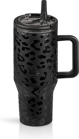 Ecolife Recyclable Handled Tumbler Thermos Stainless Steel / Plastic BPA Free 900ml Leopard Black with Straw and Handle