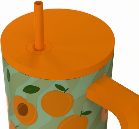 Estia Straw Tumbler XL Save The Aegean Recyclable Handled Thermos Stainless Steel BPA Free 900ml Peach Garden with Straw and Handle