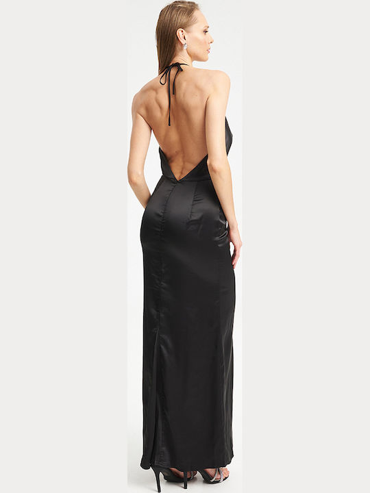Καλοκαιρινό Maxi Βραδινό Φόρεμα Σατέν Black