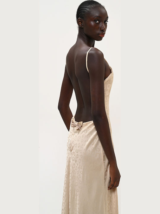Summer Midi Evening Slip Dress Satin Beige