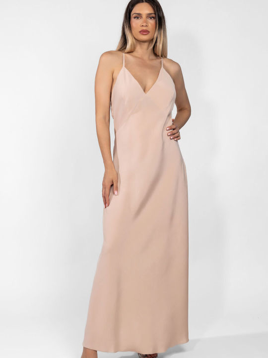 Rochie Maxi de Vară de Seară cu Spate Deschis Bej