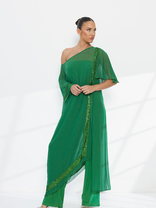 Damen Stoffhose Grün mit Pailletten