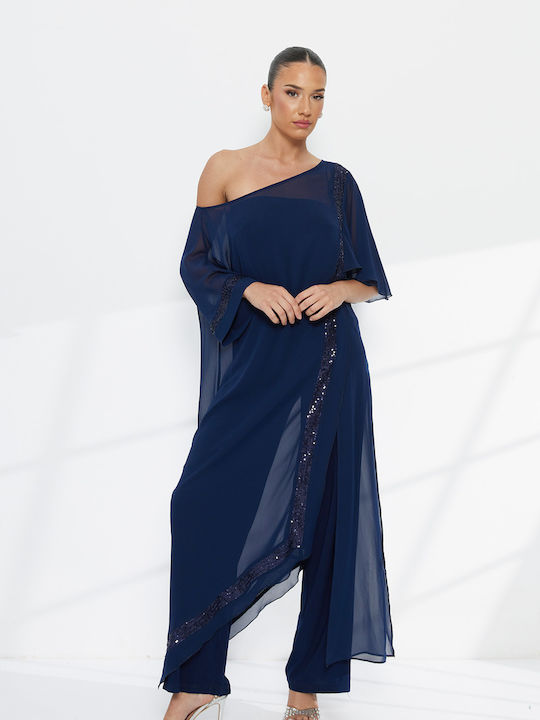 Damen Stoffhose Blau mit Pailletten