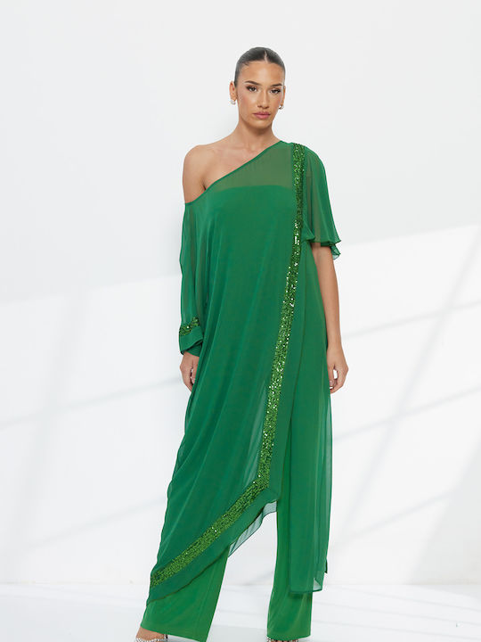 Damen Stoffhose Grün mit Pailletten
