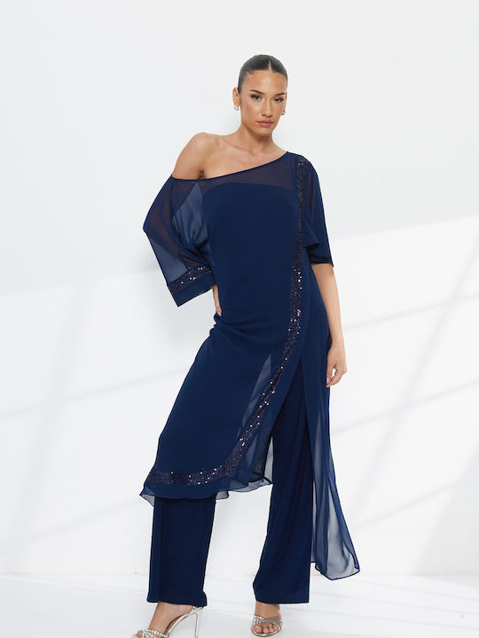 Damen Stoffhose Blau mit Pailletten