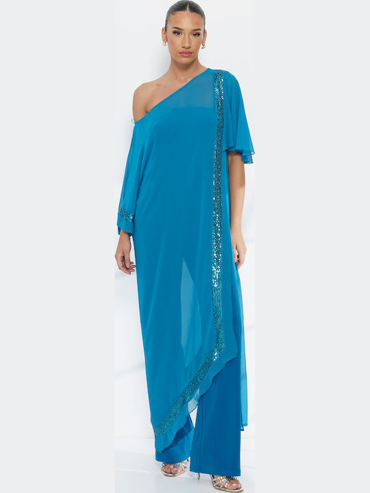 Women's Fabric Trousers Turquoise with Sequins