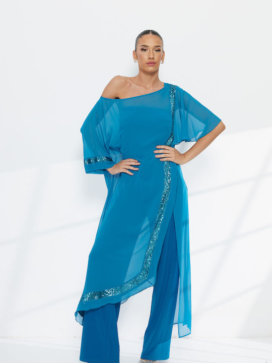 Women's Fabric Trousers Turquoise with Sequins