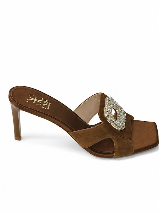 Suede Mules με Ψηλό Τακούνι σε Καφέ Χρώμα