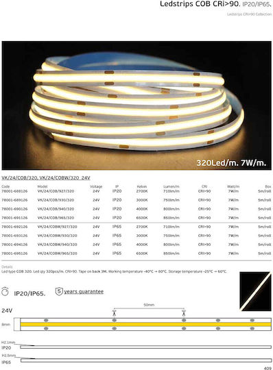 VK Lighting Αδιάβροχη Ταινία LED 24V Φυσικό Λευκό Φως 5m Τύπου COB