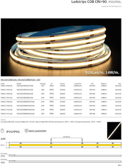 VK Lighting Waterproof LED Strip 24V Warm White Light 5m COB Type