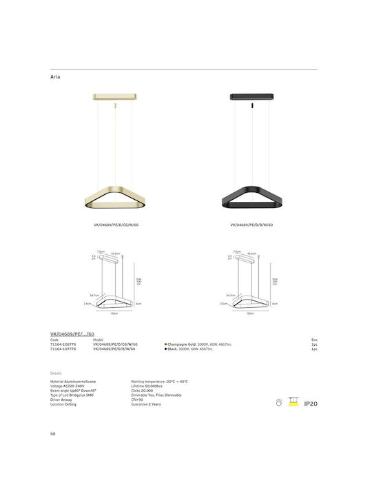 VK Lighting Black LED Pendant Ceiling Light with Warm White Light