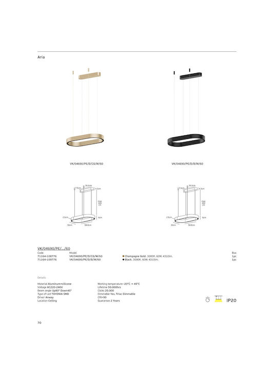 VK Lighting Black LED Pendant Ceiling Light with Warm White Light
