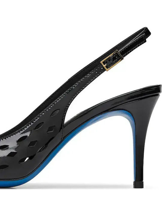 Pointed Toe Heels in Patent Leather with Strap & High Black Heel