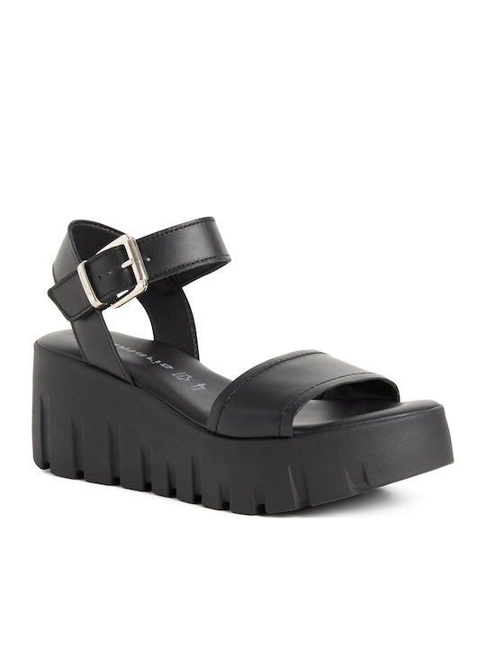 Women's Leather Ankle Strap Platforms Black