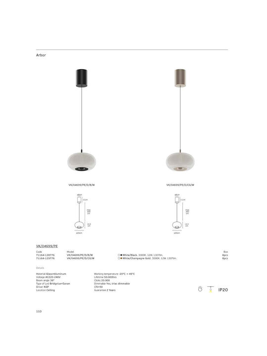 VK Lighting Κρεμαστό Φωτιστικό Λευκό LED με Θερμό Λευκό Φως