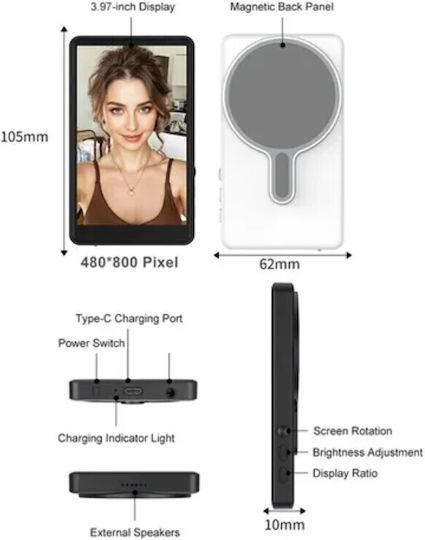 Roza Rs-t2 Магнитен Selfie Екран – Безжичен Бял Магнитен Екран Selfie Iphone & Android Magsafe 3.97" & Дистанционно