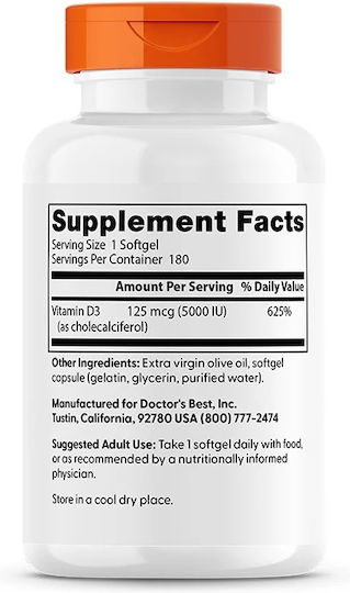 Doctor's Best Vitamin D3 Vitamin for Immune System Boost & Bone Health 5000iu 180 softgels