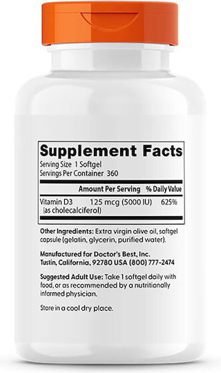 Doctor's Best Vitamin D3 Vitamin for Immune System Boost & Bone Health 5000iu 360 softgels