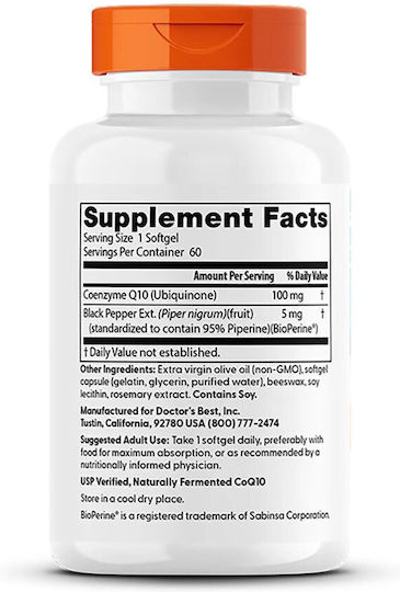 Doctor's Best High Absorption CoQ10 BioPerine Gluten Free 100mg 60 softgels
