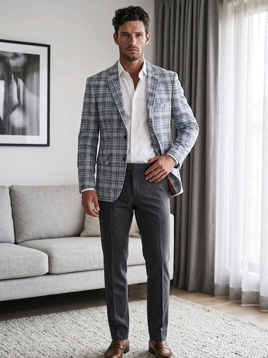 Men’s Suit Jacket Checked Blue-White