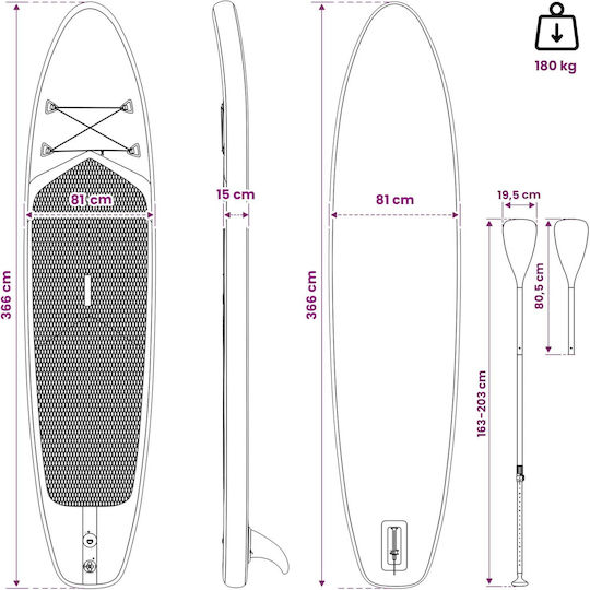 vidaXL Apex Φουσκωτή Σανίδα SUP με Μήκος 3.66m Μπλε