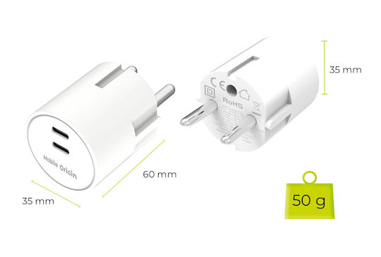 Mobile Origin Charger Without Cable GaN with 2 USB-C Ports 30W Power Delivery White (PW33)