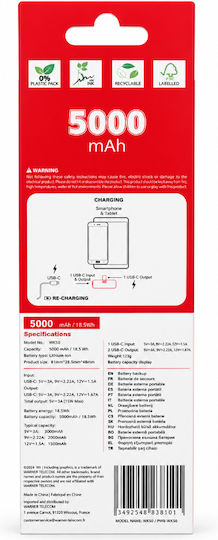 Wonder WX5D Extra Compact Power Bank 5000mAh 18W με Θύρα USB-C Power Delivery Μαύρο