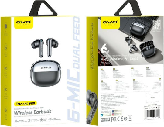Awei T92 ANC Pro In-ear Bluetooth Handsfree Ακουστικά με Θήκη Φόρτισης Μαύρα