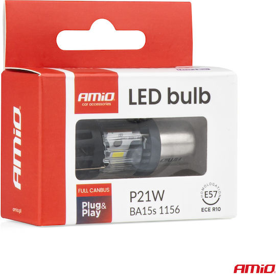 AMiO Λάμπες Αυτοκινήτου & Μοτοσυκλέτας BA15S / P21W / DRL Canbus LED 6500K Ψυχρό Λευκό 12V 66W 2τμχ