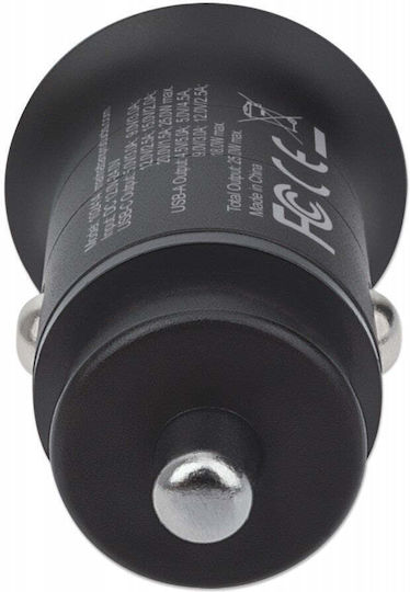 Manhattan Car Charger 25W 3A Fast Charging with Ports 1xUSB 1xType-C Black Colour