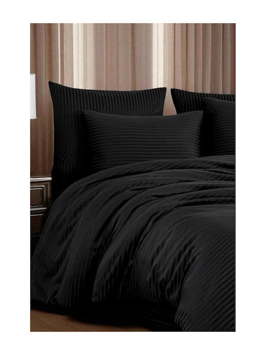 SteweHome Cotton Satin Duvet Cover Set 200x220cm Double With 2 Pillowcases Black