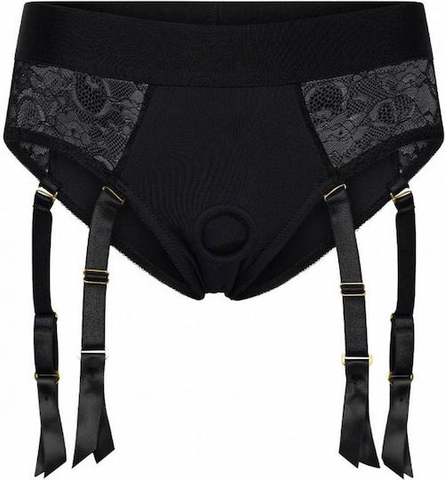 Μαύρο Δαντελωτό Εσώρουχο Strap On Ζαρτιέρες & Ομοίωμα Σιλικόνης Dreamtoys Bold Reva Strap On Garter Brief Dildo Black 15.5cm