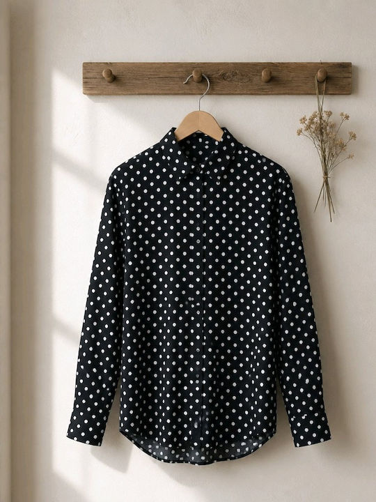 Langärmeliges Polka Dot Hemd Schwarz