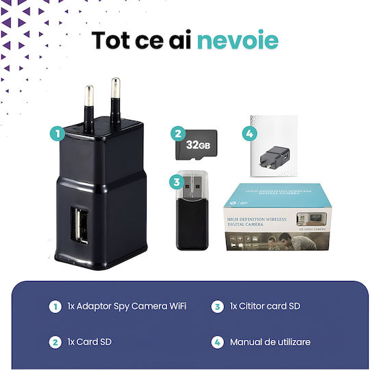 Cameră Spion Ascunsă În Încărcător Usb Wifi Card 16gb Full Hd 1080p Detectare Mișcare Aplicație Hdlivecam Vizualizare Live Înregistrare În Buclă Design Discret
