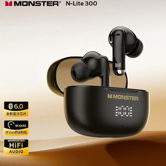Monster N-Lite 300 In-ear Bluetooth Handsfree Ακουστικά με Αντοχή στον Ιδρώτα και Θήκη Φόρτισης Μαύρα