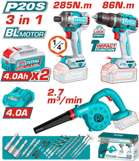 Total TOSLI250883E Battery Tool Set Impact Drill Driver Impact Screwdriver and Blower 20V with 2 Batteries 4Ah