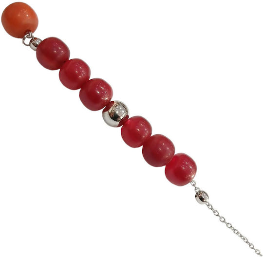 Kalliopi Silver Komboralia Handmade from Stainless Steel with Red Faturan Stone 12mm Length 25cm Red