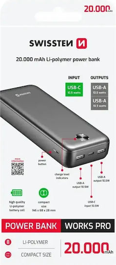 Swissten Power Bank 20000mAh 10.5W με 2 Θύρες USB-A και Θύρα USB-C Μαύρο