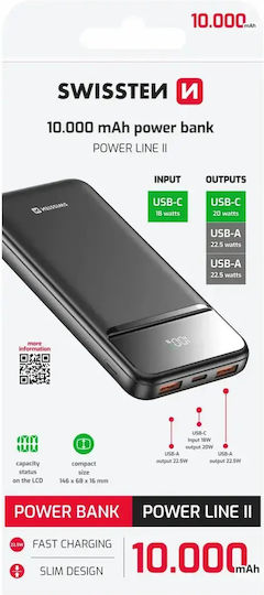 Swissten Power Bank 10000mAh 22.5W Μαύρο